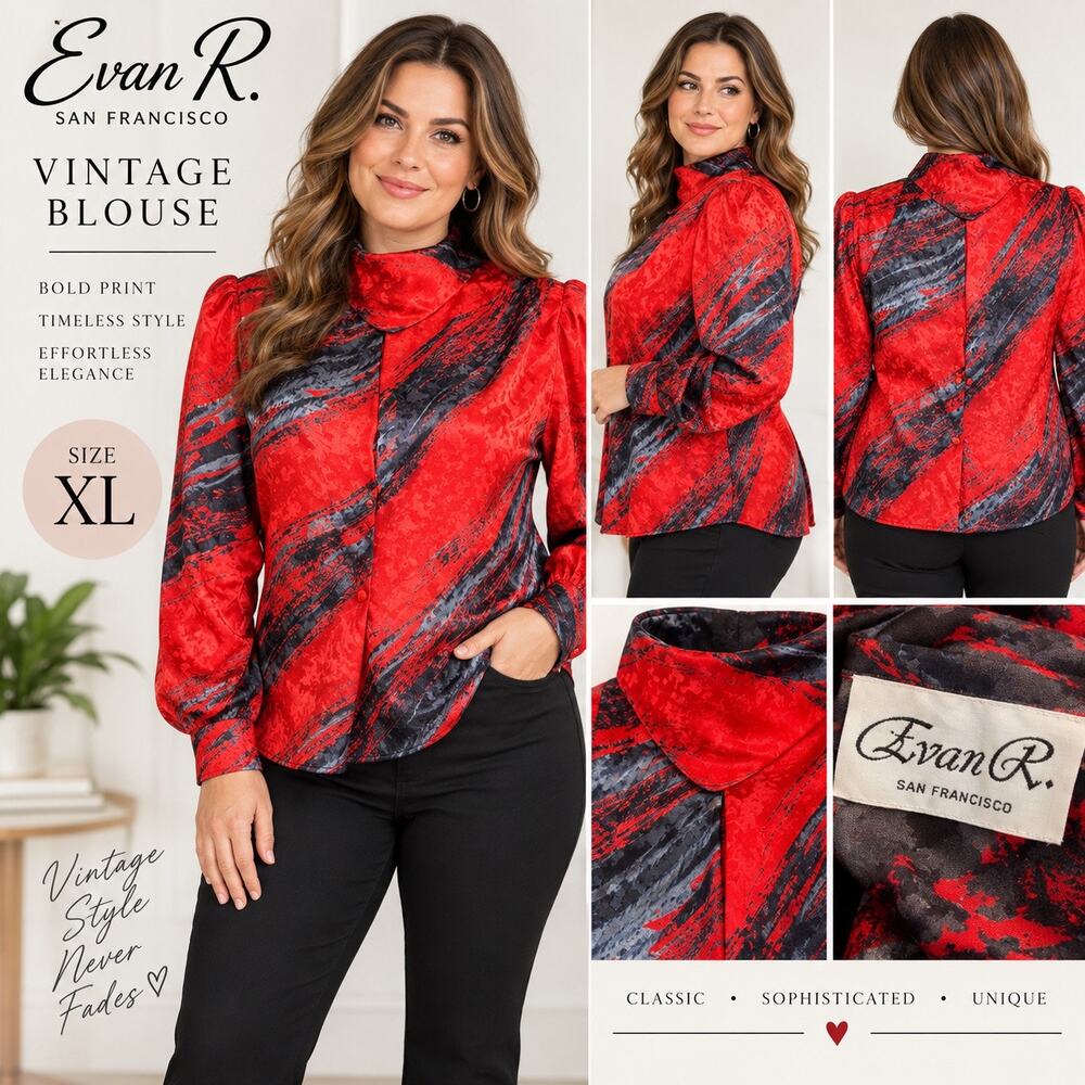 Vintage Evan R Womens Blouse Red Black Abstract Print Secretary XL San Francisco